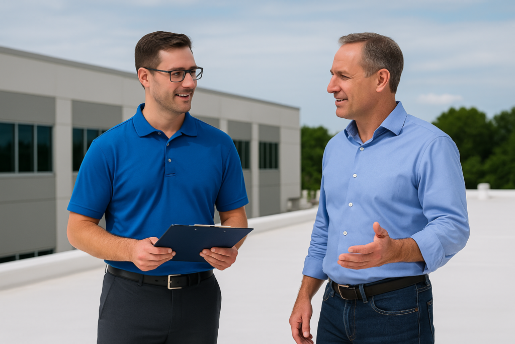 Company representative discussing a commercial roof project with a building owner on a flat, white-coated rooftop.
