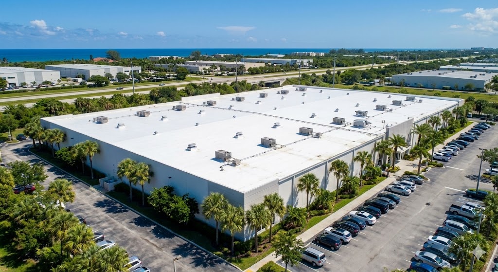 Aerial view of a large commercial building with a white reflective flat roof coating, surrounded by palm trees and parking lots near the coastline.