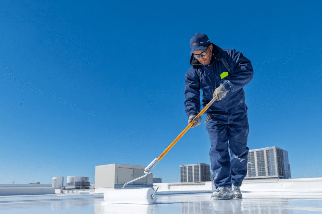 Roof Cooling Experts team member rolling out commercial roof coating during a rooftop installation.
